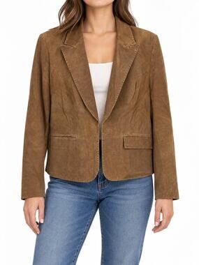 INC Women's Brown Genuine Leather Suede Blazer Jacket XL Cropped Tailored Lined